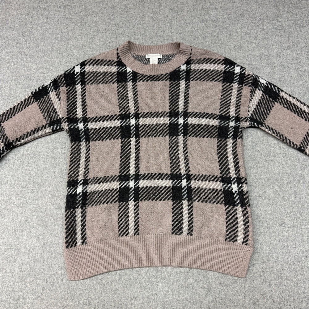 Christian Siriano Plaid Crewneck Sweater Size M Tan Black White Knit Ribbed Trim